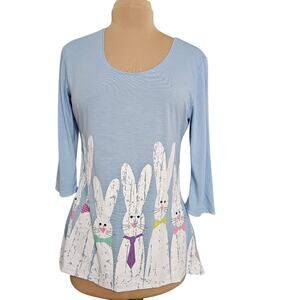 Blue Easter Bunny Print Women's Top Small Artsy Painted Spring T Shirt Casual